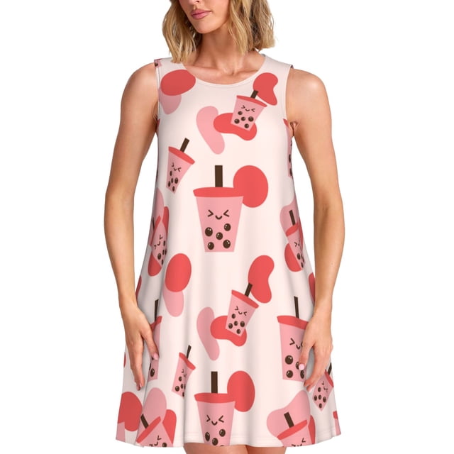 Bixox Robe Trapèze Sans Manches à Imprimé Milk Tea5 pour Femmes avec Poches, Robe Débardeur Décontractée Longueur Genou pour l'Été - X-Grand