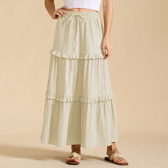 FcBaudy Jupes pour Femmes, Robes Midi pour Femmes, Robes d'Été pour Femmes Robe d'Été Décontractée pour Femmes Mode Couleur Unie Plissée à Cordon Taille Élastique Jupe Femme Robe en Polyester