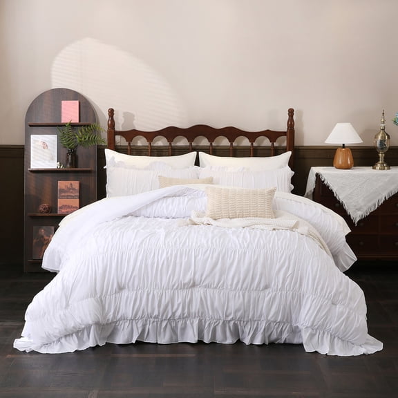 White Comforter Set Queen Size,Ruched Boho Bedding 9-Piece Bed-in-a-Bag for All Seasons,Fluffy Luxury Ruffle Bedding Set with Comforter, Flat Sheet, Fitted Sheet, Pillow Shams, Pillowcases