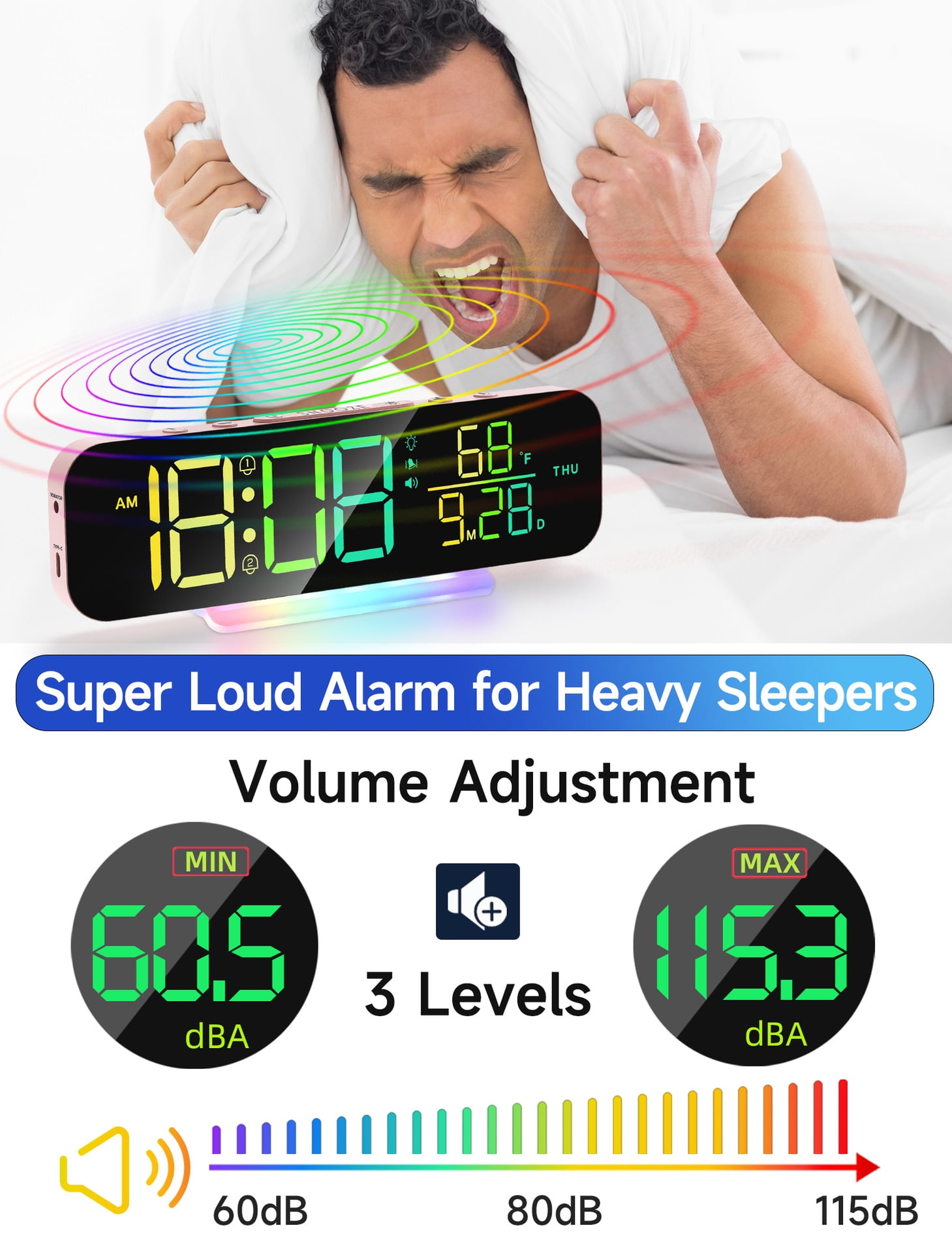ITIGOITIE Extra Loud Vibrating Alarm Clock,Adjustable Volume,Dimmer,Large LED Digital with RGB Night Light for Bedrooms,Kids,Teens(Pink)