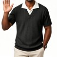 thumbnail image 6 of SAWOBUUN Men's Striped Textured Knit Shirt V Neck Casual Shirt Short Sleeve Contrast Collar Pullover Top Breathable Summer Golf Tee, 6 of 7