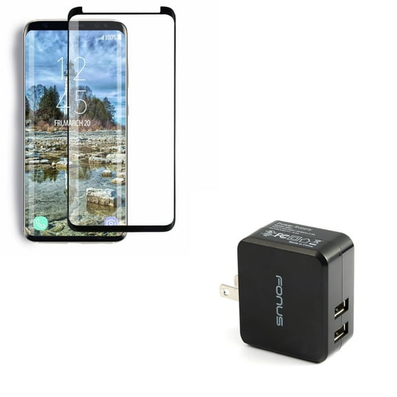 Compatible With Samsung Galaxy S9 - Tempered Glass Screen Protector 5D Touch w 17W 3.4 Amp 2-Port Rapid USB Home Wall Travel Charger