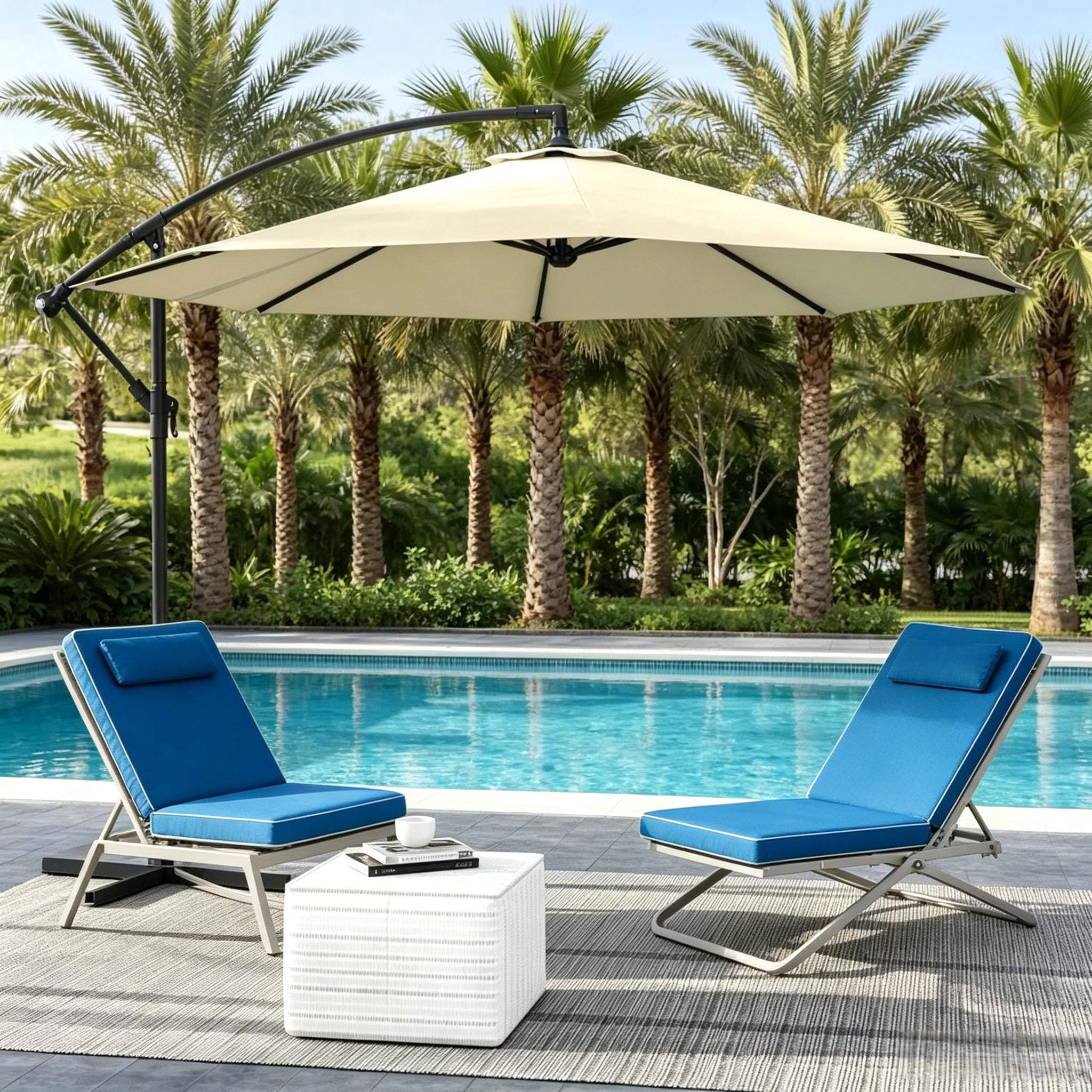10ft Beige Offset Patio Cantilever Umbrella with Stable Base, Adjustable Tilt Crank Operated Outdoor Sun Shade, UV & Water Resistant Steel Frame for Garden Backyard