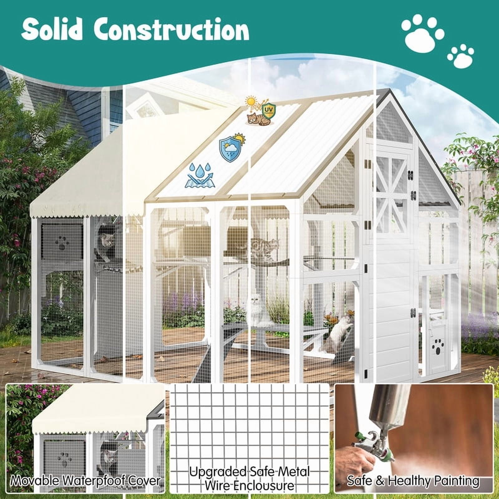 Mirightone Extra Large Catio Outdoor Cat Enclosure with Bridges, 8 Platforms and 2 Resting Boxes, Walk-in Outside Cat House with Weatherproof Cover for Multiple Cats, White