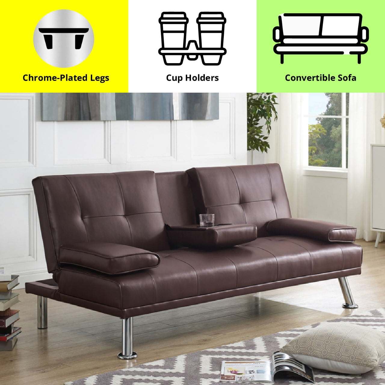 Details about   Modern Faux Leather Futon Sofa Bed Fold Up & Down Recliner w/ Armrest Cup Holder 