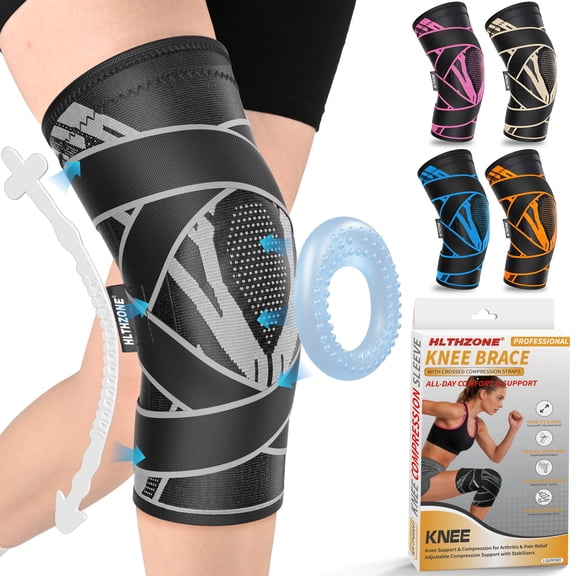 HLTHZONE Patented Adjustable Knee Brace – 4 Straps & Side Stabilizers for Meniscus Tear, ACL, Arthritis – Copper Compression Knee Sleeve for Sports Recovery & Pain Relief , Black/Gray