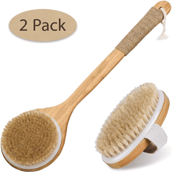 Dry Brushing Body Brush Set 2 Pack, Wooden Handle with Natural Bristles, Gentle Exfoliator for Skin and Cellulite Scrubbing, Full Body Use