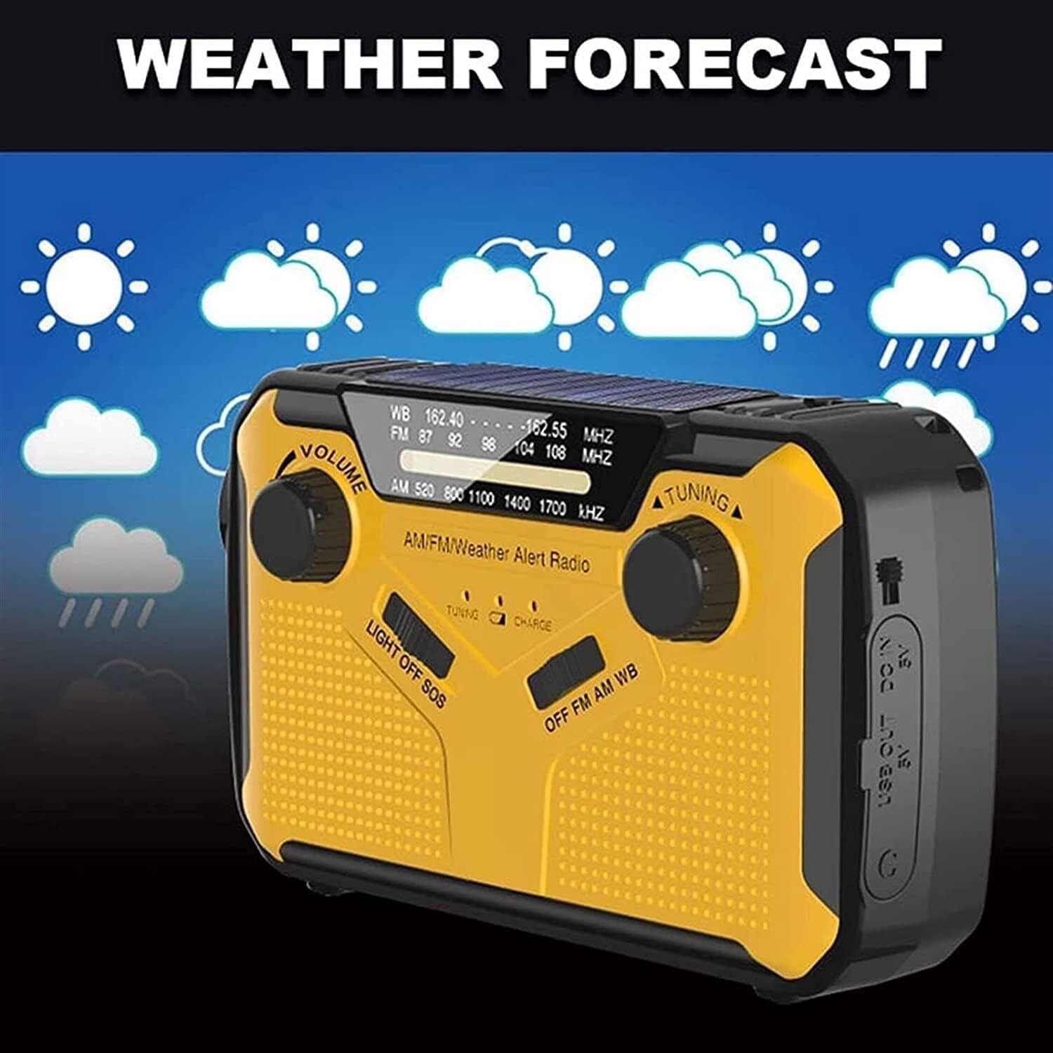 XZKING Emergency Weather Radio, AA Batteries/Hand Crank/Solar/USB Charging, NOAA/AM/FM, LED Flashlight and Reading Lamp,SOS Alarm & Flashlight,Yellow