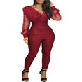 thumbnail image 2 of Combinaison Élégante pour Femmes Scintillant Mesh Transparent Manches Longues V-Cou Pantalon Bodycon Romper Vin Rouge L, 2 of 9