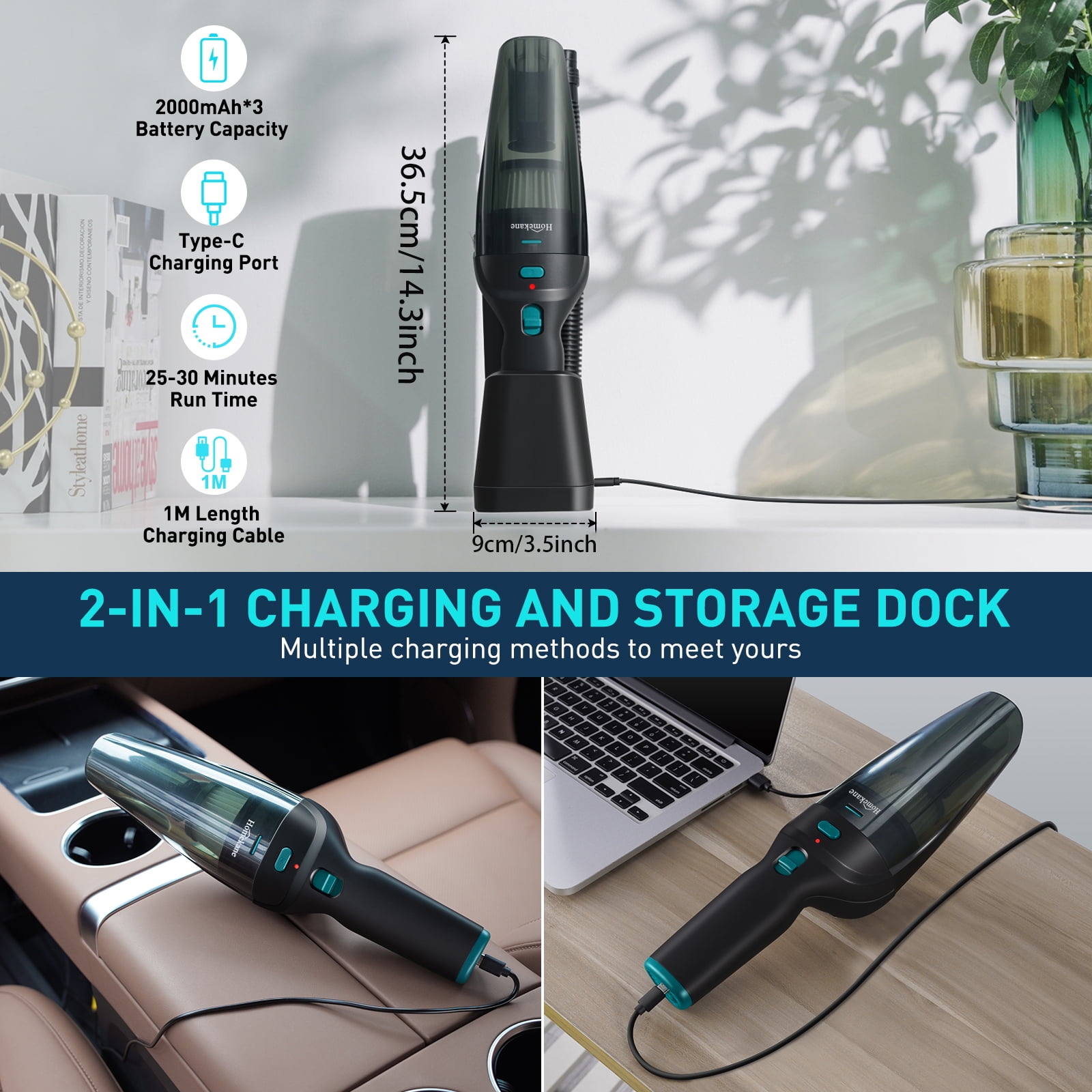 HOMEKANE Handheld Vacuum Cordless, 9.5KPA Strong Suction, 2-in-1 Charging Stand, Rechargeable & Lightweight for Quick Cleaning - Ideal for Home, Car, Pet Hair