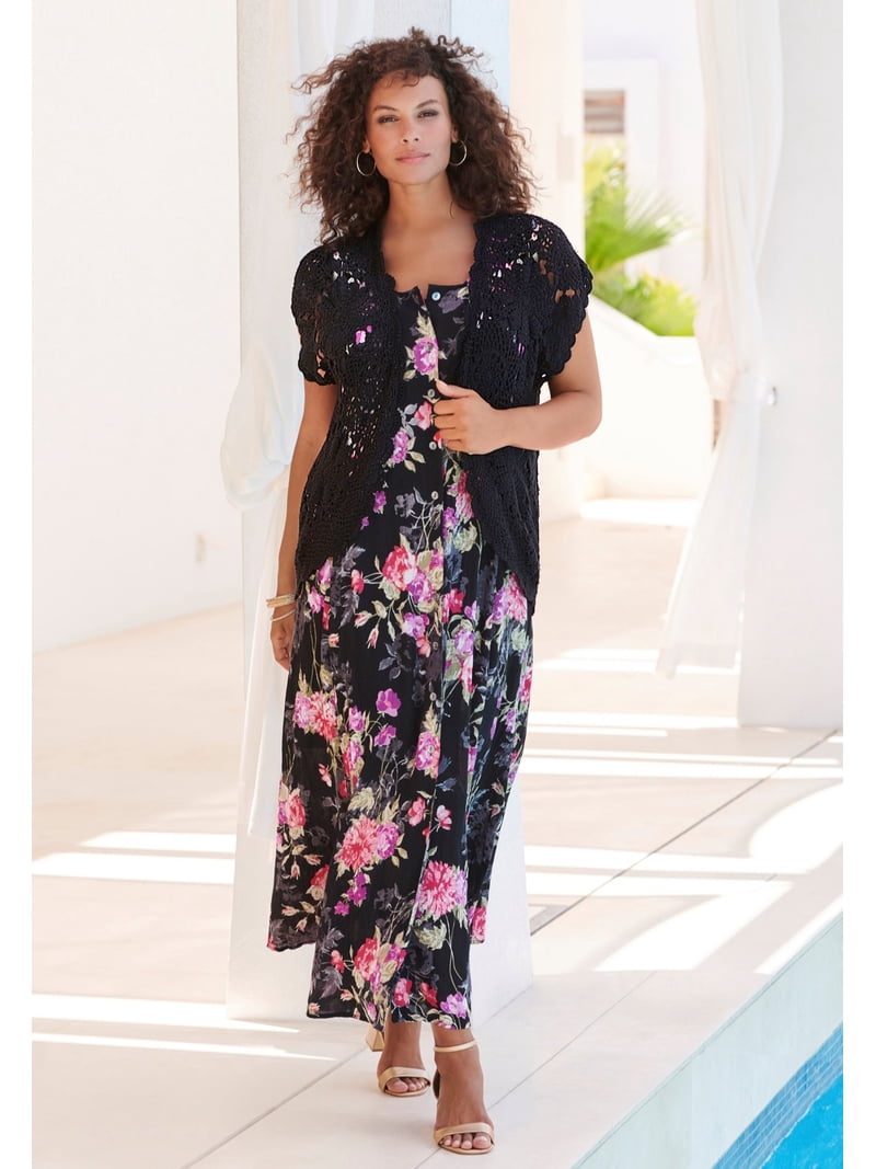 Roaman's Women's Plus Size Sleveless Hand-Crinkled Button-Front A-Line Maxi   Curvy Breezy Dress - Walmart.com