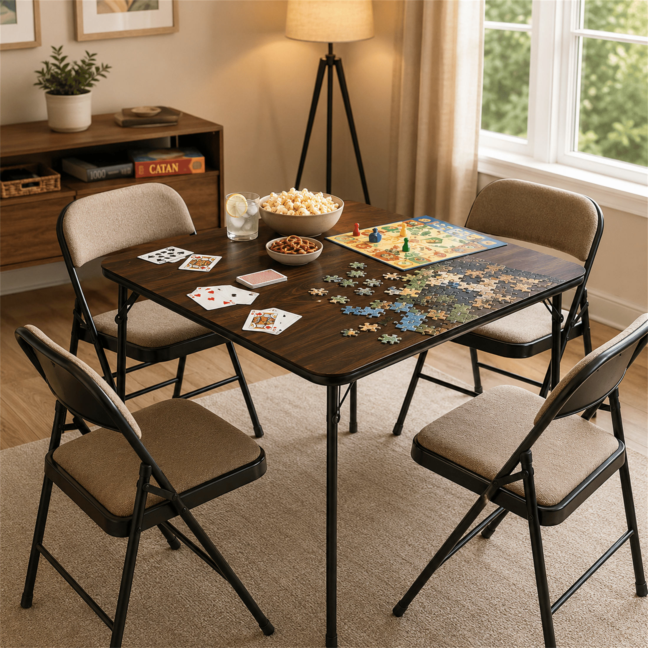 Homy Casa 34" Square Folding Card Table, Portable Wood Grain Table for Dining and Games, Walnut