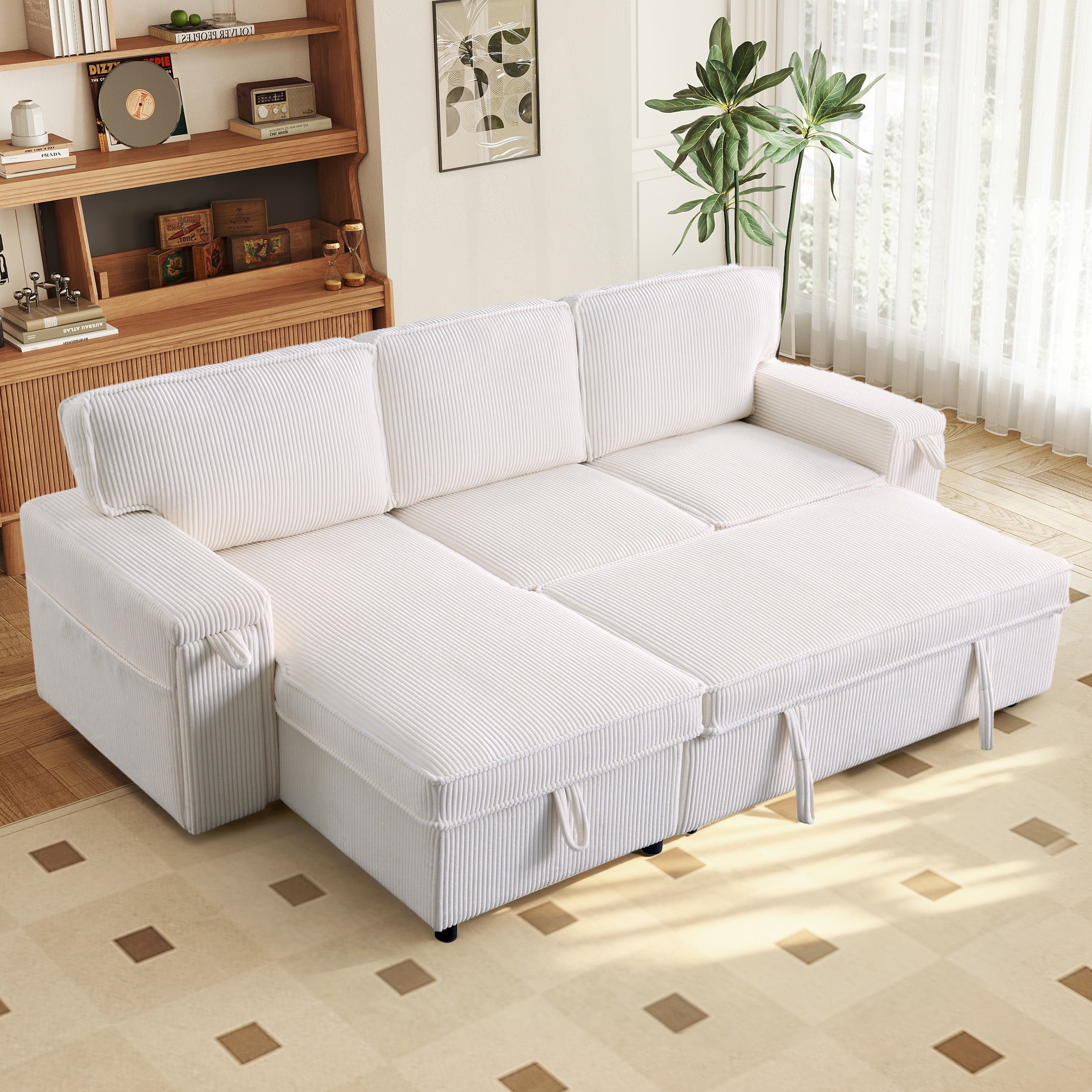 Aukfa Corduroy Pull Out Sofa Bed, Reversible Sectional Couch with Storage Chaise, Hidden Cup Holder, Beige