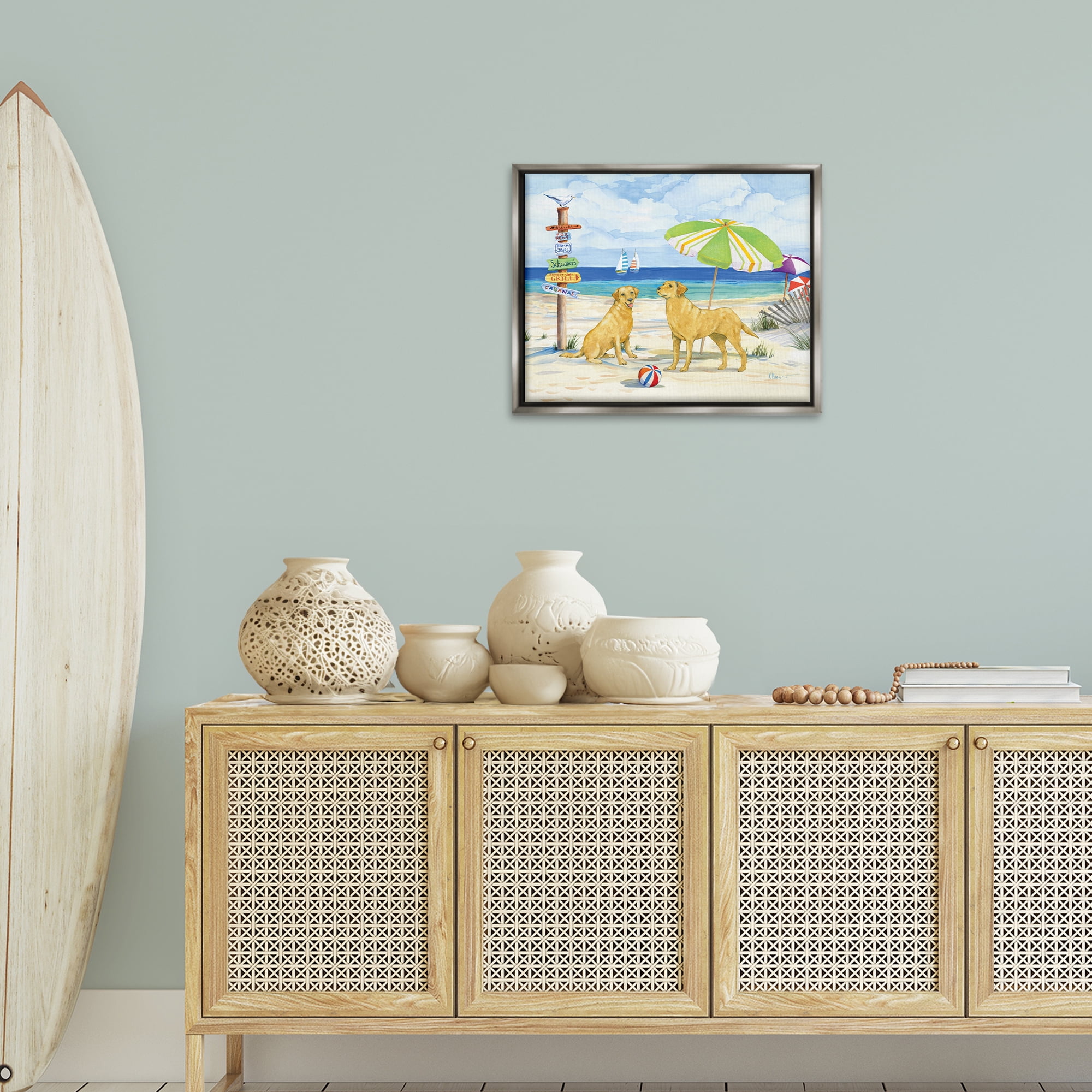 Stupell Industries Dog Beach Day Animals & Insects Painting Gray Floater Framed Canvas Art Print Wall Art, 21 x 17
