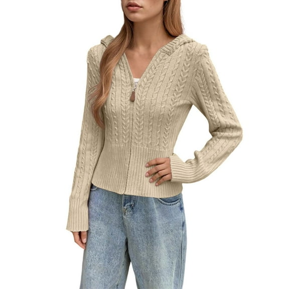 Bibifish Womens Cardigan Sweater Light Color Cable Knit Hooded Cardigan Slim Fit Full Zip Up Casual Daily Outings Trendy Cardigan