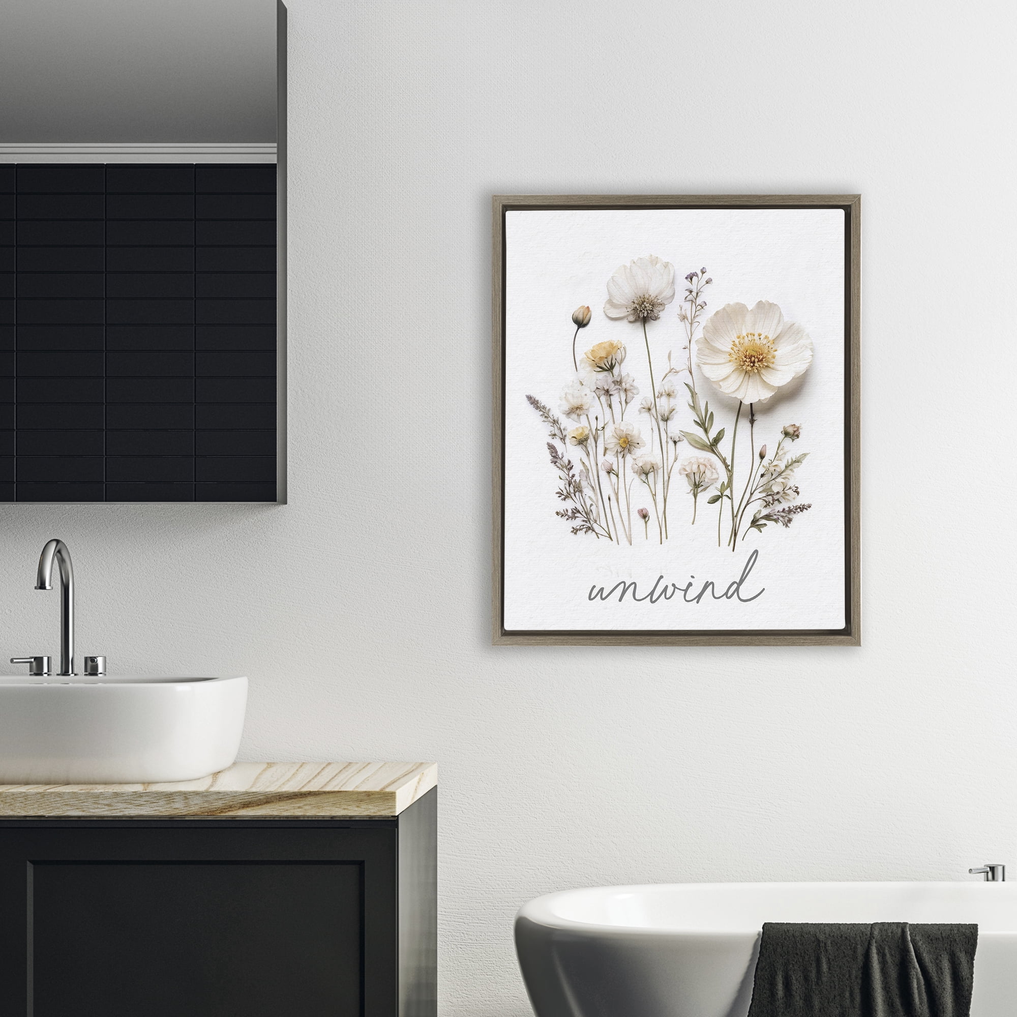Pressed Flowers Unwind Brown Framed Floater Canvas Wall Art, design by Lettered and Lined