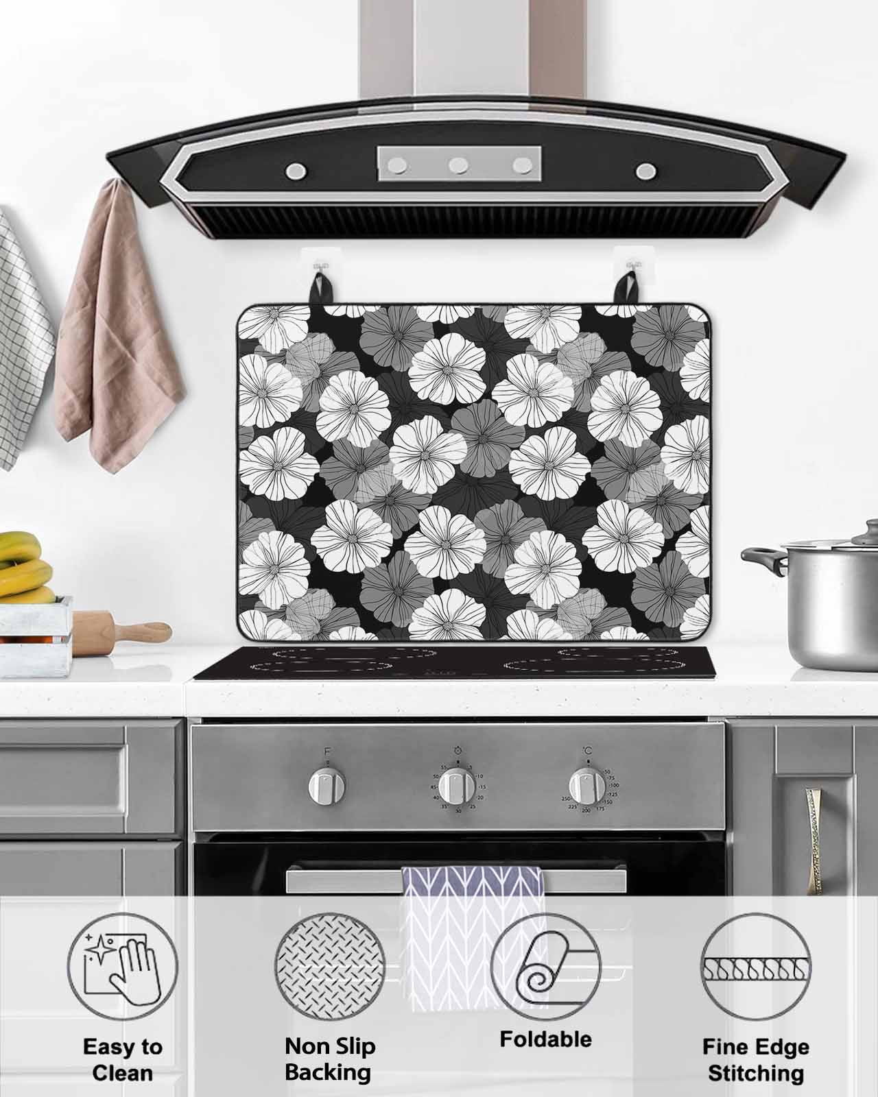 nqOlkjepod Large Induction Cooktop Protector Mat 24"x21", White Floral Stove Top Covers for Electric Stove, Vintage Country Pastoral Flowers Plants Stove Burner Cover Mats, Glass Top Stove Cover