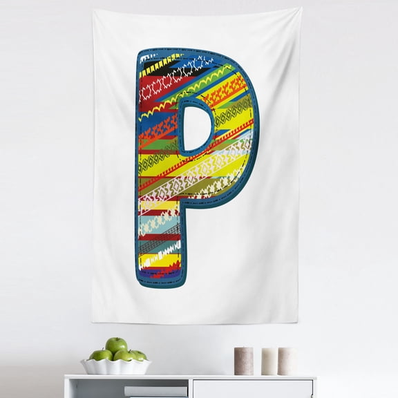 Letter P Tapestry, P Letter Alphabet Boho Style Calligraphy Vibrant Theme, Fabric Wall Hanging Decor for Bedroom Living Room Dorm, 5 Sizes, Night Blue Yellow Red, by Ambesonne