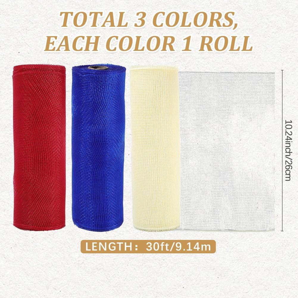 3 Rolls 30 Yards 10.24 Inch Red Blue Yellow USA Mesh Ribbon Roll American Deco Transparent Fabric Netting Plastic Trim for Gift Wrapping 4th of July Wreath DIY Craft Supply