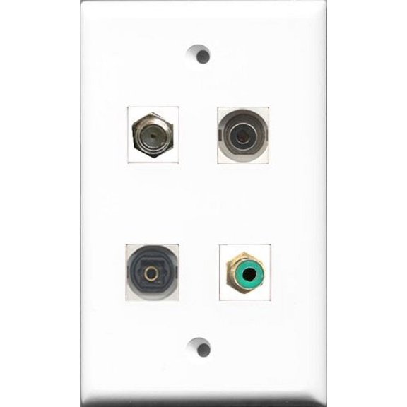 RiteAV 1 Port RCA Green and 1 Port Coax Cable TV- F-Type and 1 Port Toslink and 1 Port 3.5mm Wall Plate