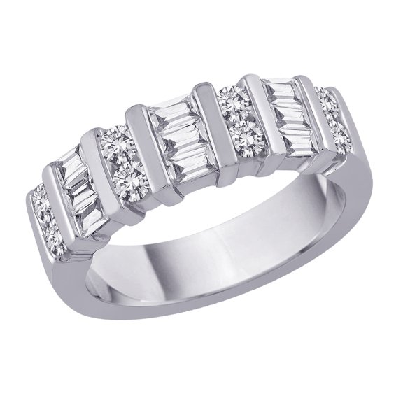 14K White Gold 1 ct. Round and Baguette Cut Diamond Anniversary Ring