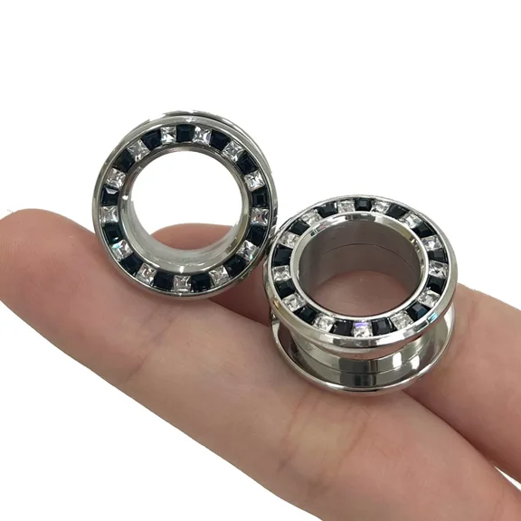 Luxe Modz Pressed Rimmed Surgical Steel Black Clear CZ Screw Tunnel Ear Plugs - Sold Pair