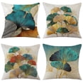 thumbnail image 1 of Juego de 4 fundas de cojín de lino turquesa y dorado de 45 x 45 cm, cojines decorativos para sofá, diseño de ginkgo dorado, fundas de cojín decorativas modernas., 1 of 4