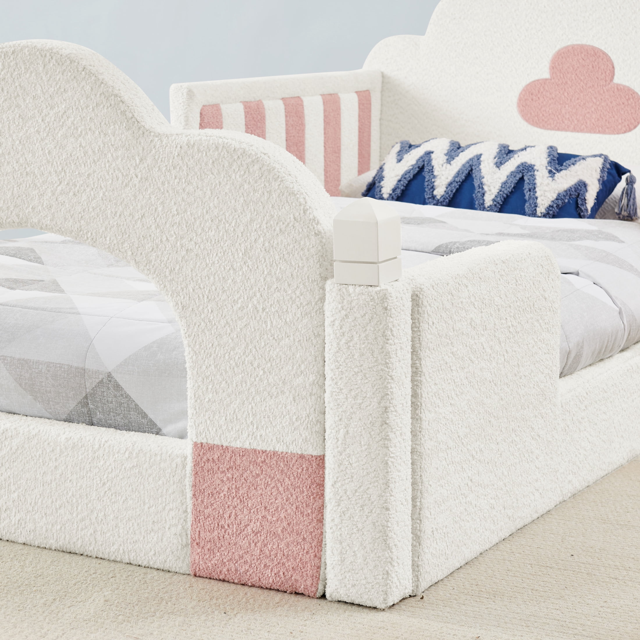 GDF Studio Arvion Twin Size Cloud Bed with Safety Guardrails & Solid Wood Frame, Boucle Fabric Upholstered Bed, White