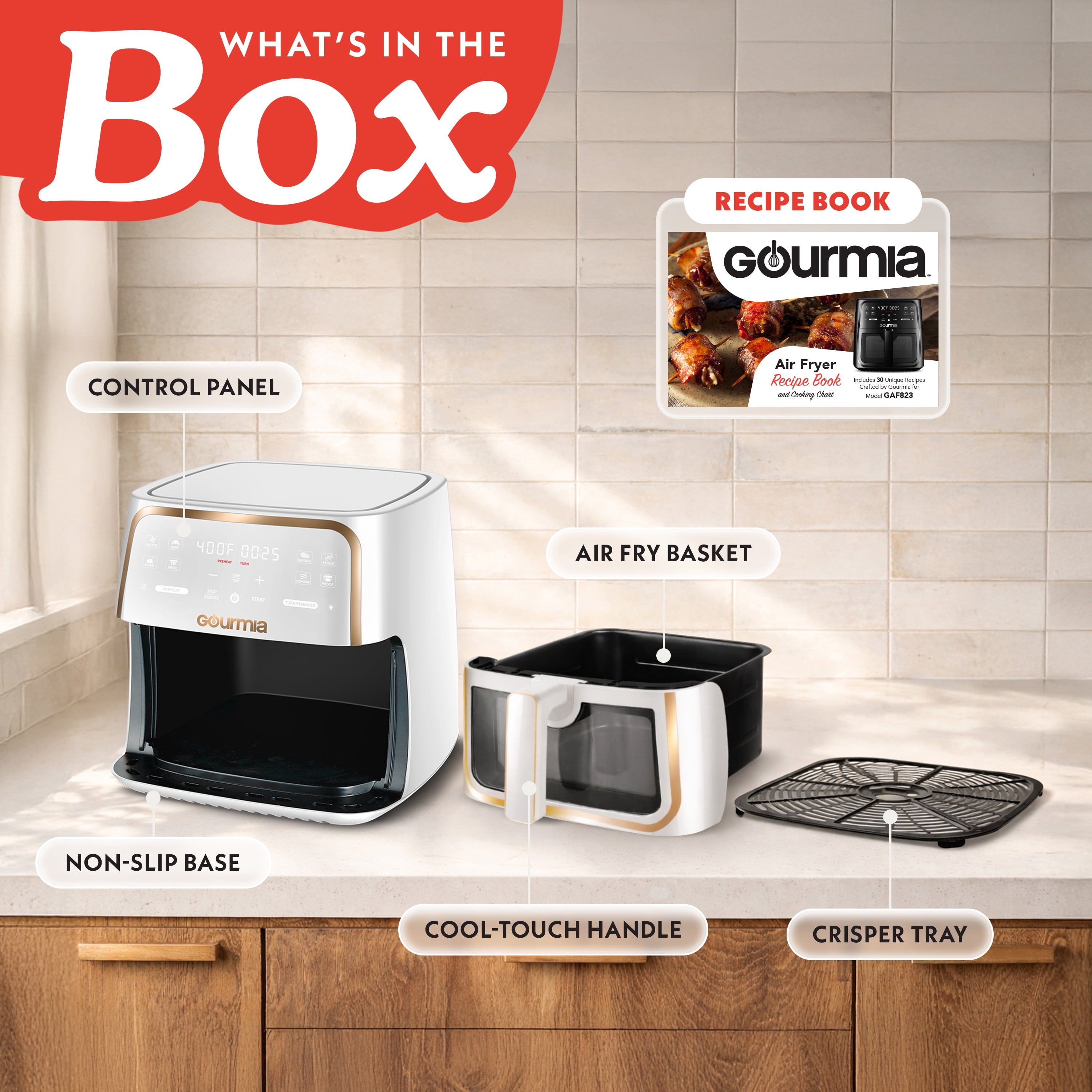 Gourmia 8 Qt Air Fryer, 8 Presets with Digital Display, FryForce 360° Technology, Easy View Window & Interior Light, Dishwasher Safe Basket, White