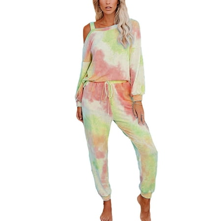

Colisha Ladies Loungwear Long Sleeve Nightwear Off Shoulder Sleepwear Slash Neck Summer Tie Dye Pjs Light Green 2XL