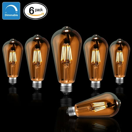6 Pack Edison E26 Base Dimmable Glow Amber Led Light Bulbs 60w 6 Pack Edison E26 Base Dimmable Glow Amber Led Light Bulbs 60w Equivalent Halogen Replacement Vintage