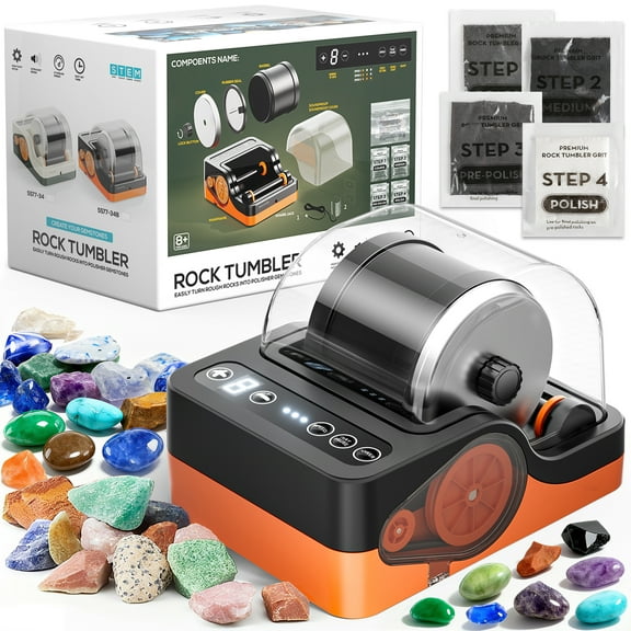 Freecat Rock Tumbler Kits Set for Kids and Adults, Black& Orange, STEM Science Kit, Tumbler Grits, Rocks & Jewelry Polishing Accessories Set, Christmas Birthday Gift.