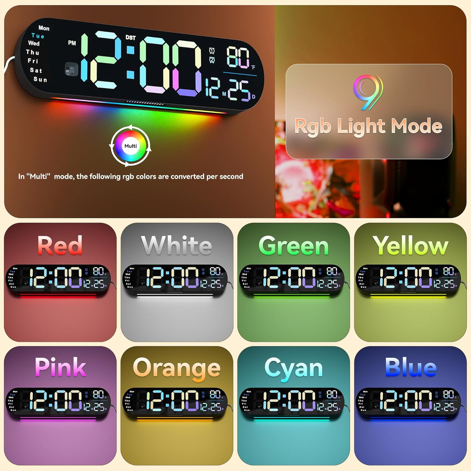 Large Digital Wall Clock with Remote Control 13.7’’, Auto Brightness, 9 RGB Ambient Light, Dual Alarm Clock&Timer, 12/24H Mode, Temperature for Bedroom, Wall Decor Gift for Elder, Black