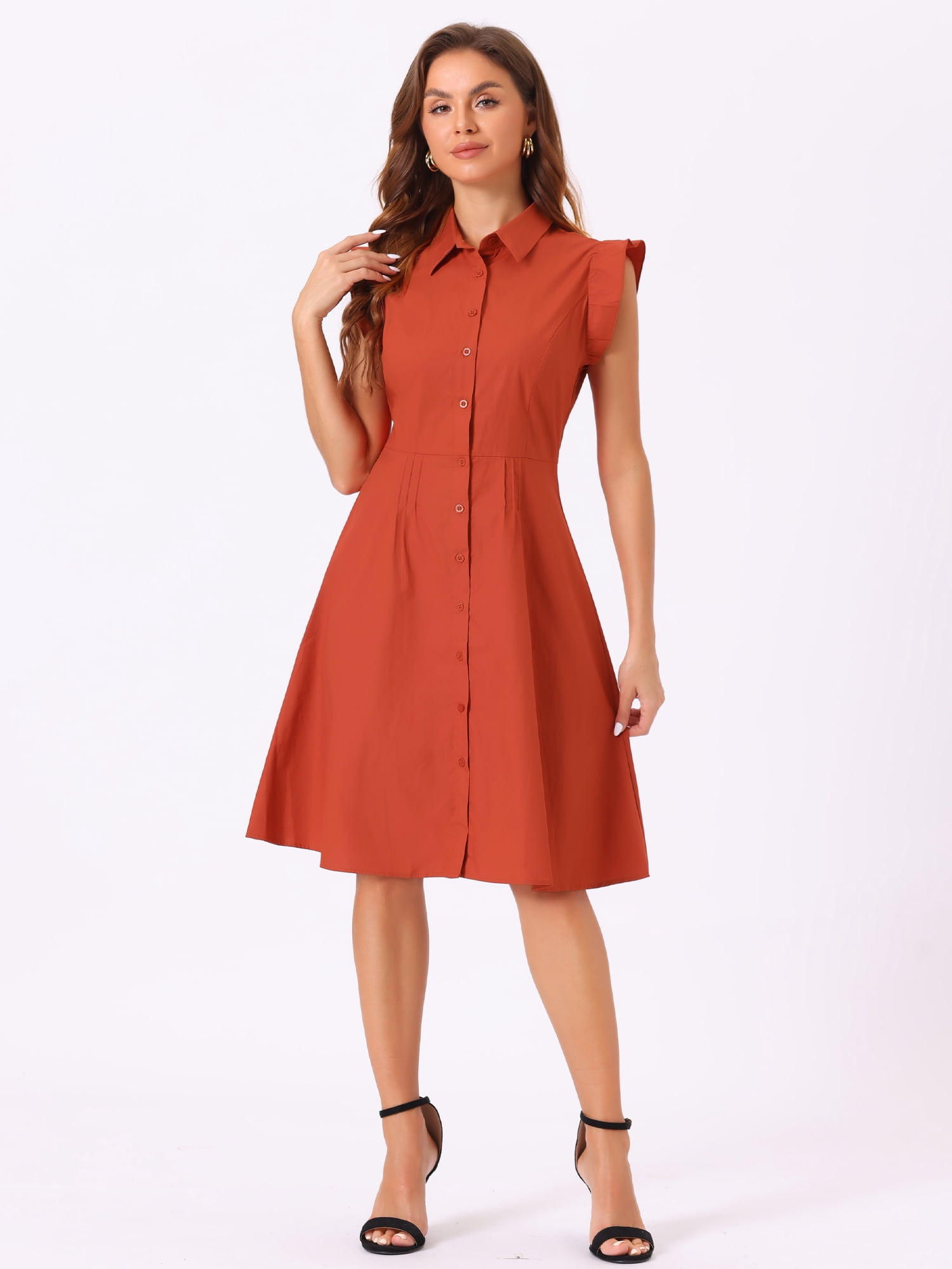 DARING DIVA Ruffled Sleeve Button Down Belted Knee Length Shirt Dress L Burnt Orange