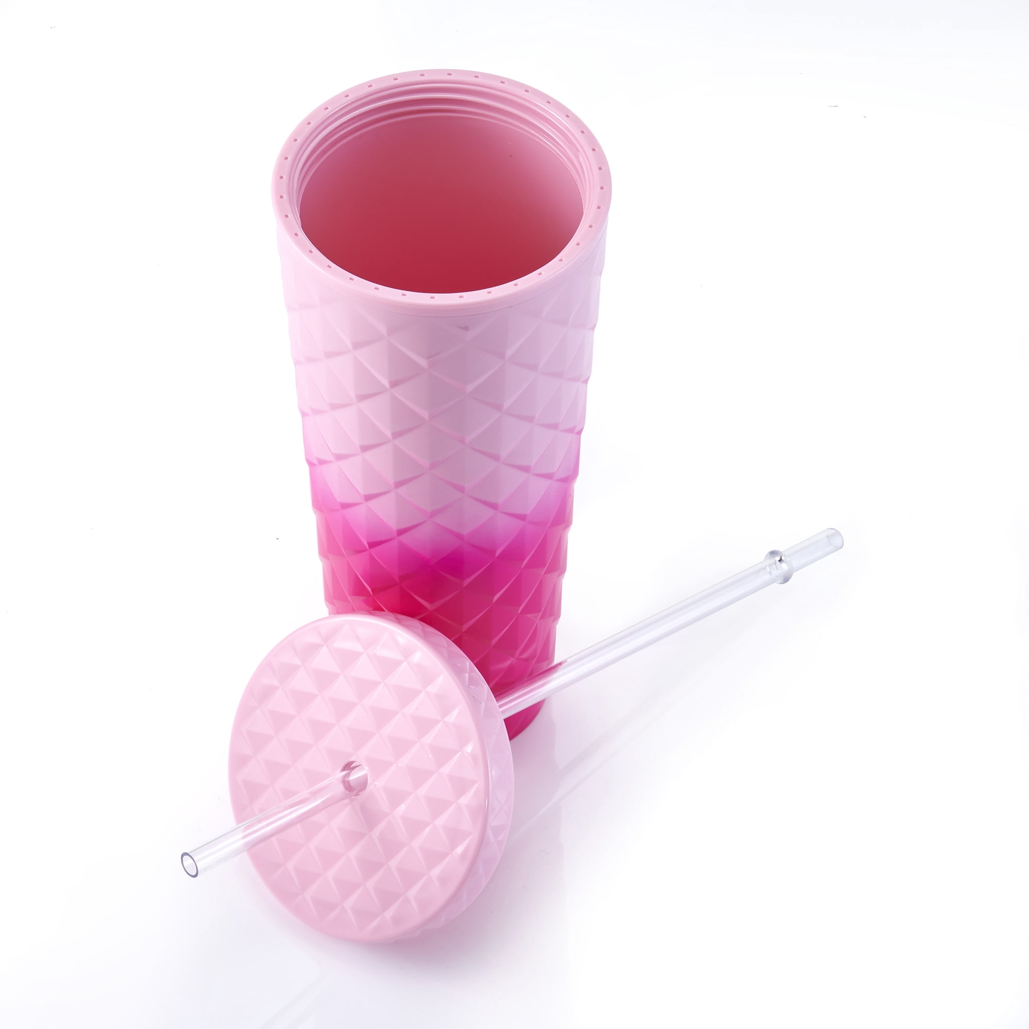 Mainstays 26oz Diamond Scale Textured Plastic Tumbler with Straw, Ombre Pink, Double Wall Insulated
