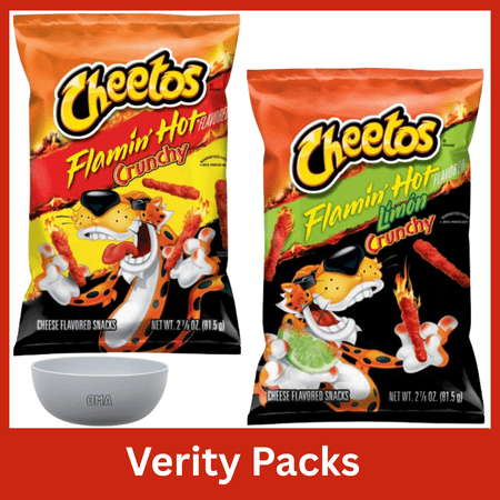 Cheetos Flamin’ Hot Variety Pack, Crunchy Flamin’ Hot & Flamin’ Hot Limón Cheese Snacks, 2.875 oz Bags, Mini Variety Pack with Serving Bowl by OMA