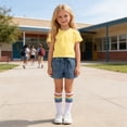 thumbnail image 3 of OGLCCG Girls 3 Piece Outfit Set Kids Short Sleeve Tshirt and Denim Shorts Socks Summer Casual Active Clothes Sets with Pockets 3-12 Years, 3 of 8