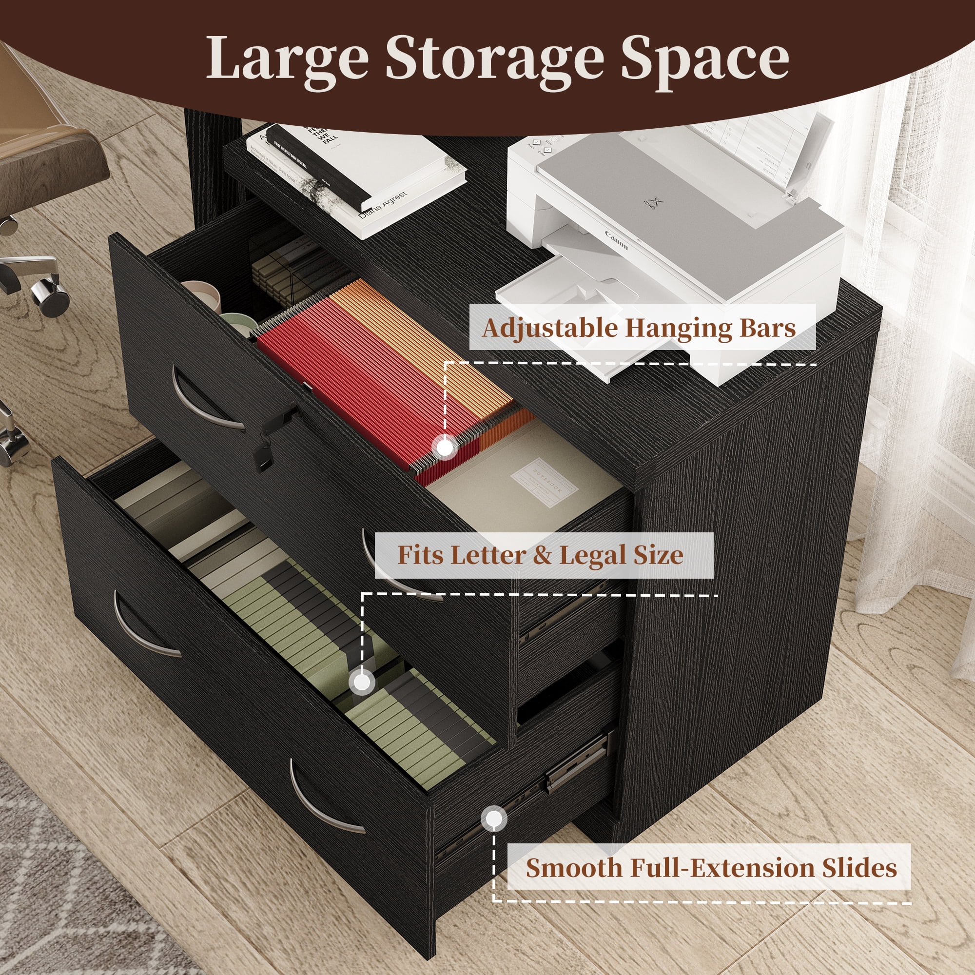 HMstone Farmhouse File Cabinet with Lock, 2 Drawer Lateral File Cabinet for Printer Stand, Large Wood Filing Storage Cabinet for Home Office, Fits A4/Letter Size Files, Black