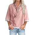 thumbnail image 1 of Mujeres manga corta de verano Tops imitación bordado V-cuello hebilla cinco cuartos de manga blusa, primavera en verano casual moda superior, 1 of 9