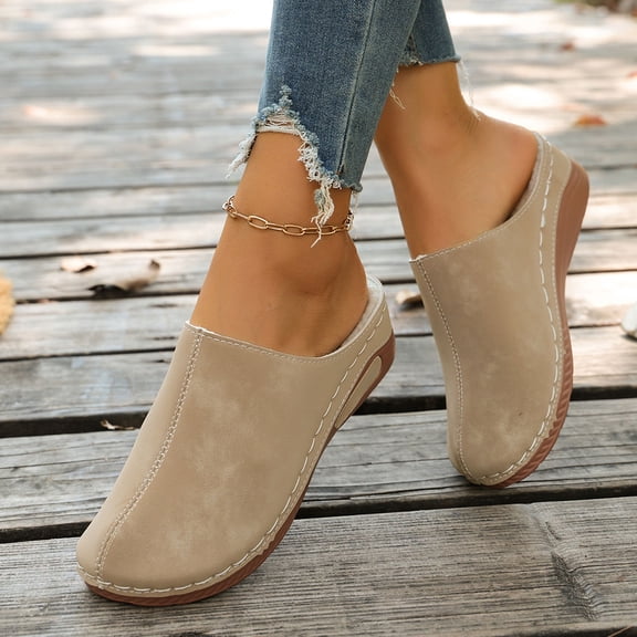 Women's Fleece Lined Wedge Mules Retro Suede Closed Toe Slip On Comfortable Non Slip Outdoor Slippers with Arch Support