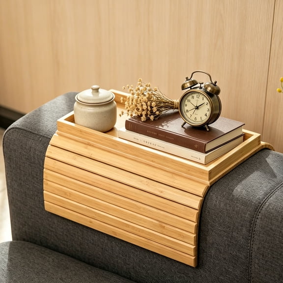 RYLZX Bamboo Sofa Arm Tray, Foldable Couch Arm Tray Side Table, Anti-Falling Armrest Tables Cup Holder for Snacks, Drinks, Beers, Phone, Control, Flexible and Portable, Anti-Slip Bottom