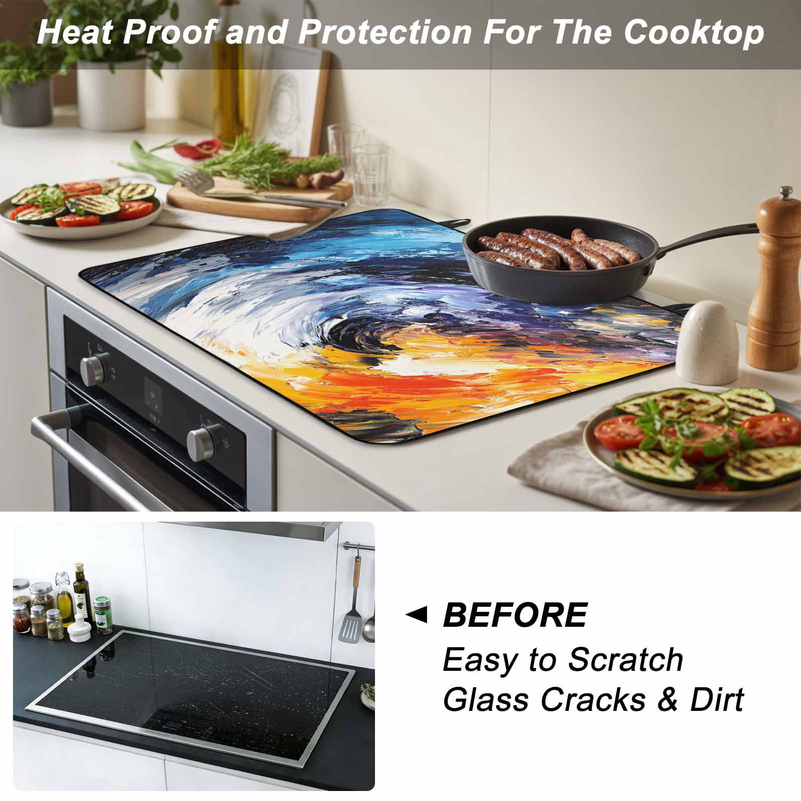 Oil Painting Stove Top Cover for Electric Stove, Heat-proof & Non Slip Glass Top Stove Cover Protector, Modern Abstract Colorful Smear Aesthetic Kitchen Flat Cooktop Rubber Mat 24x21 Inches