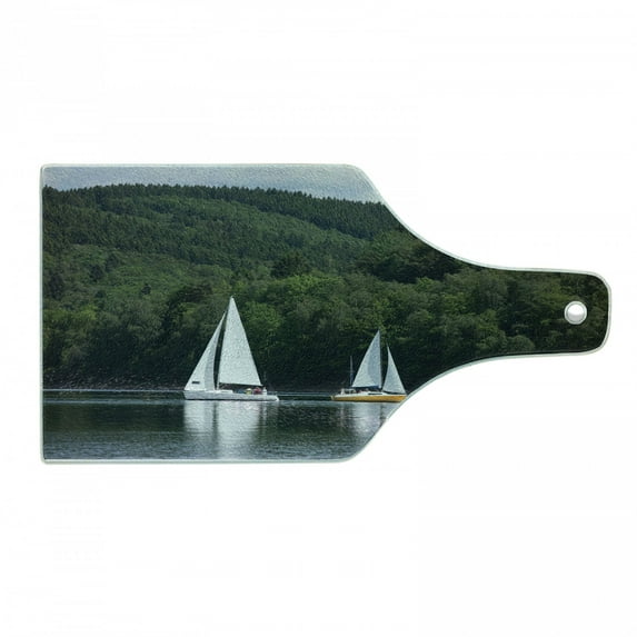Sailboat Cutting Board, Sailboats on a Lake Forest Hill Yachting Countryside Coastline Nature Scenics, Tempered Glass Cutting and Serving Board, Wine Bottle Shape, Green White, by Ambesonne