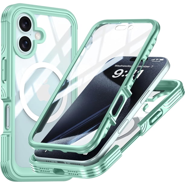 Estuche magnético diseñado para iPhone 16 Plus, de grado militar, resistente, de 360 grados, con protector de pantalla incorporado, resistente, con cubierta transparente MagSafe para teléfono