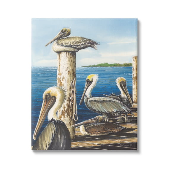 Stupell Industries Pelicans on Marine Dock Animals & Insects Painting Gallery Wrapped Canvas Print Wall Art, 16 x 20