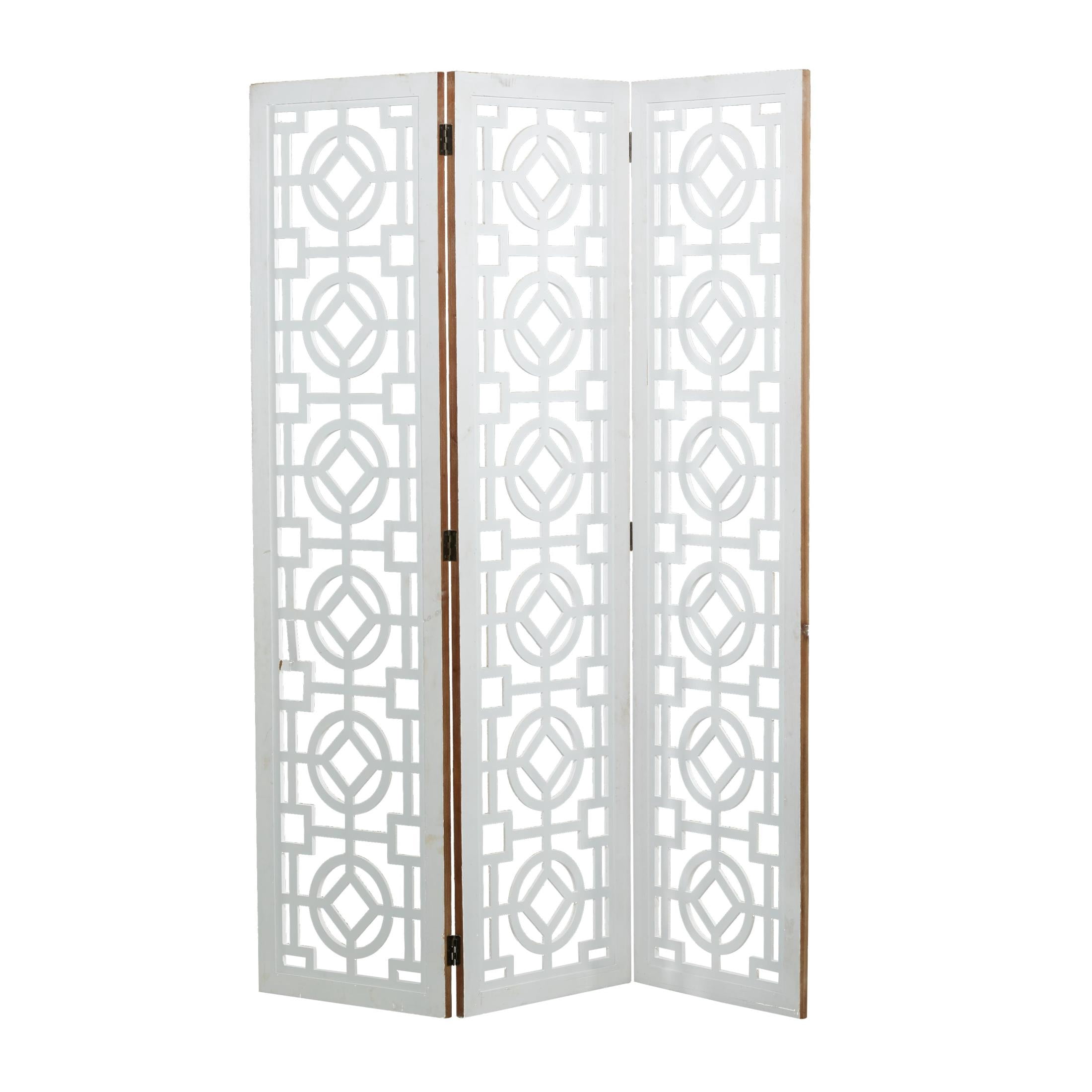 DecMode White/Pastel Brown Farmhouse Wood Room Divider Screen with Geometric Carvings, 54"W x 72"H