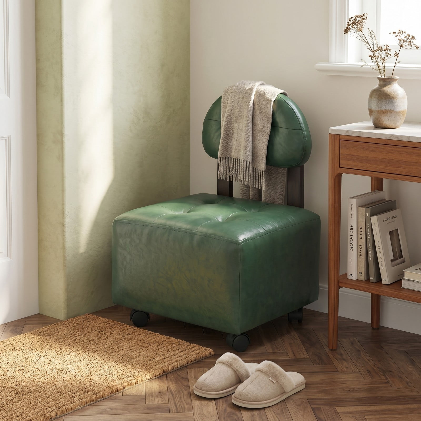 Furnibear Small Rolling Footrest Stool Set of 2 with Lockable Swivel Wheels, Faux Leather Backrest Footstool Ottoman for Living Room Bedroom Entryway, 330 lbs, Green