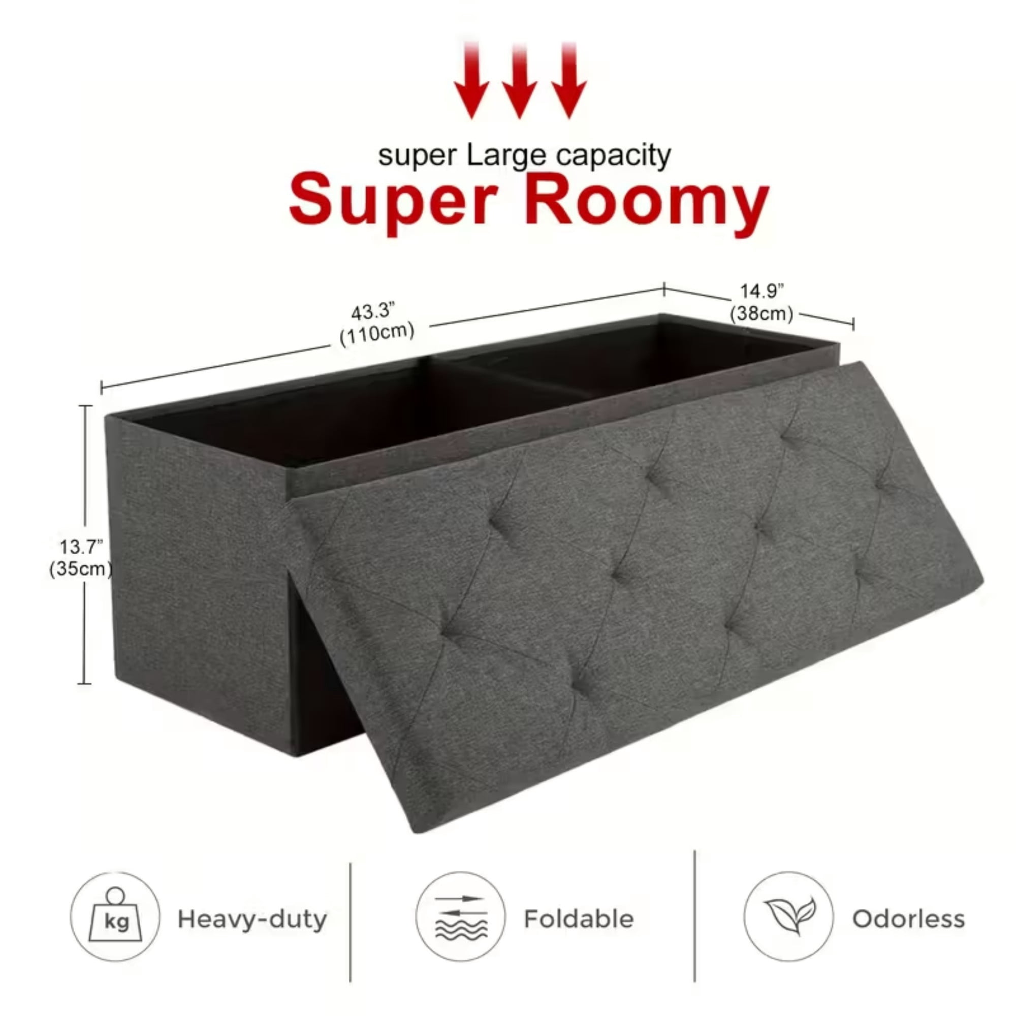 43" Storage Ottoman Bench, Folding Storage Bench Ottoman with Lid, 400 lbs Capacity, Fabric Seat Footrest for Bedroom Living Room Entryway, Grey