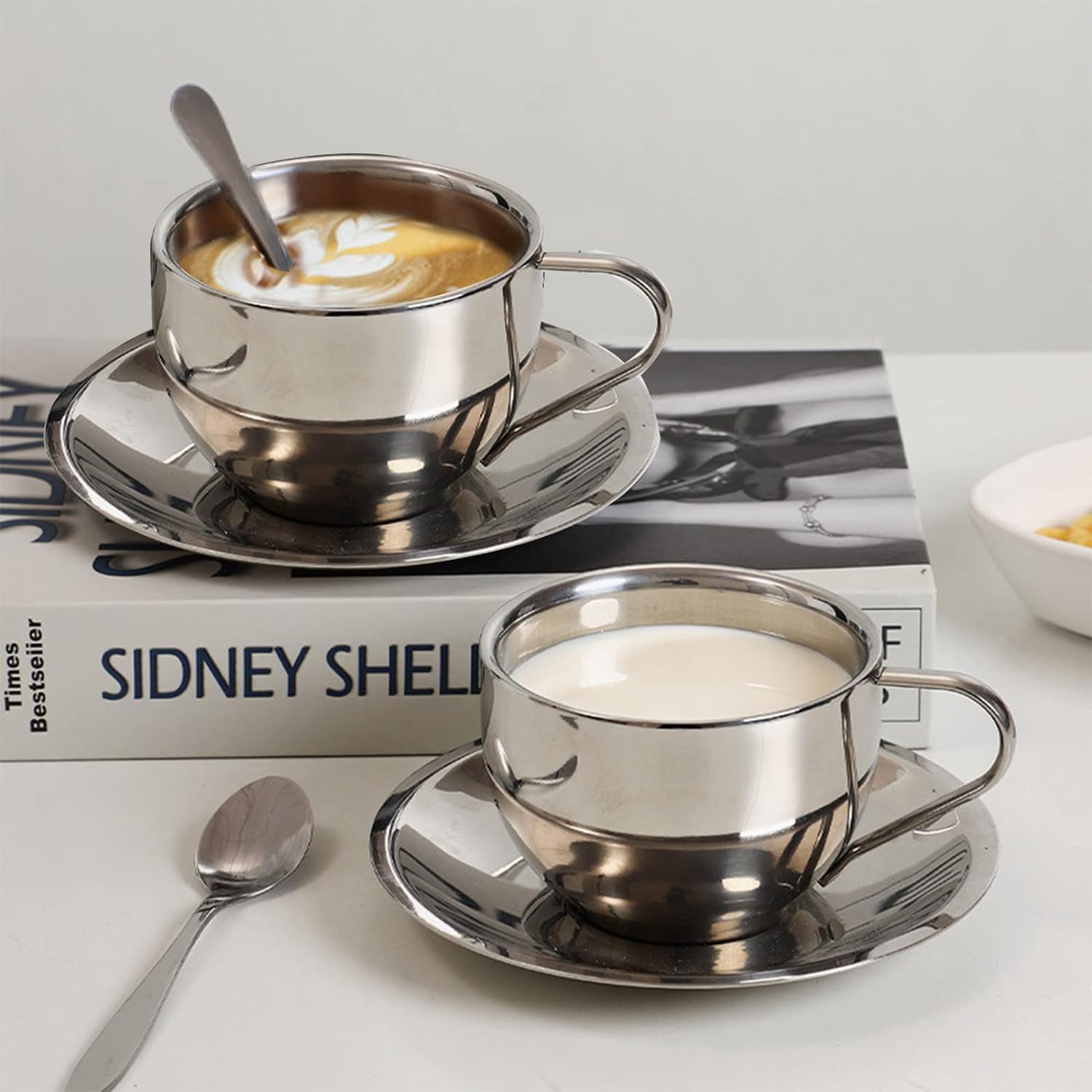 4 Pack Stainless Steel Coffee Cup Set, 6 Oz Coffee Mugs with Spoon and Saucer, Double Walled Espresso Cups Mugs for Coffee, Latte,Tea, Milk