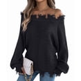 thumbnail image 3 of Women'S Solid Color Openwork Long-Sleeved Sweater, Off-Shoulder Knit Pullover Black L, 3 of 9